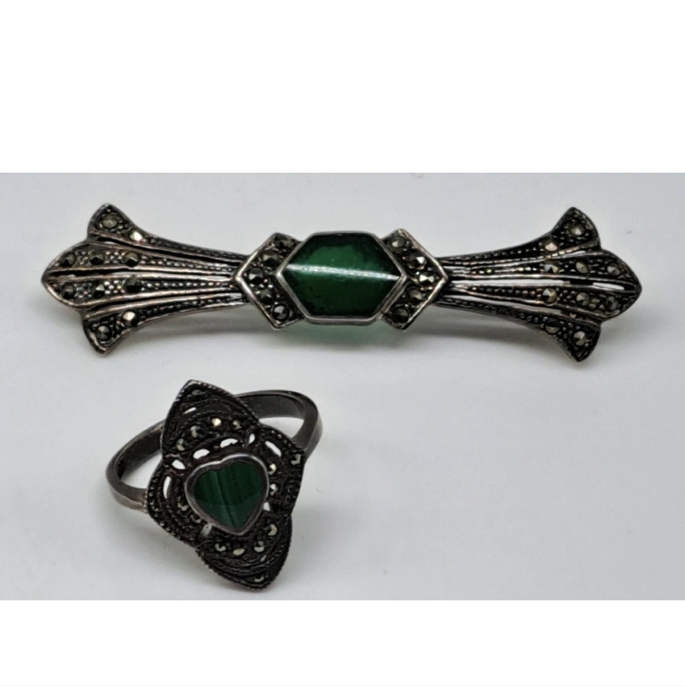 Vintage Sterling and Marcasite Bar Brooch Pin and Ring